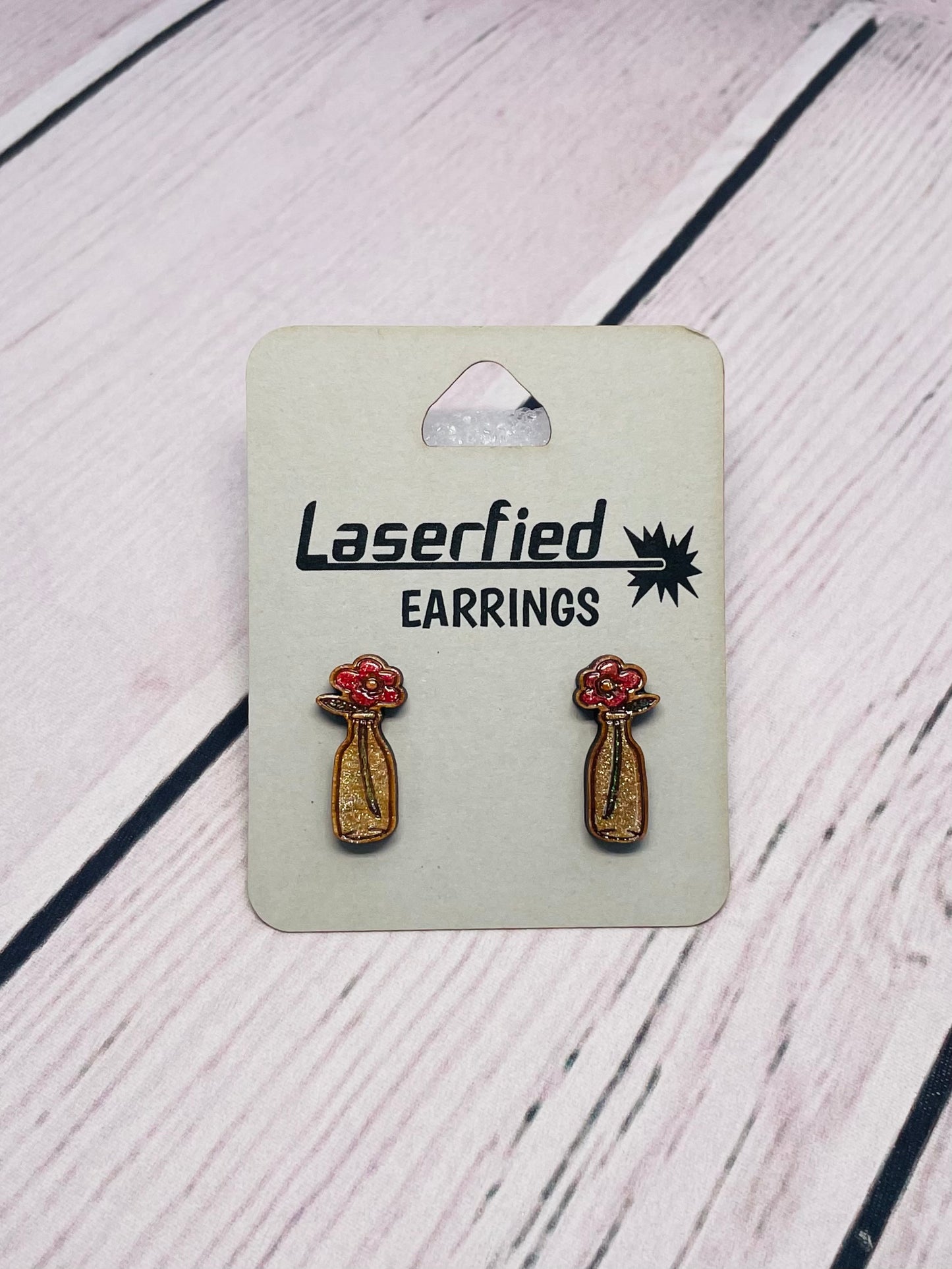 Wood Flower Base Stud Earrings