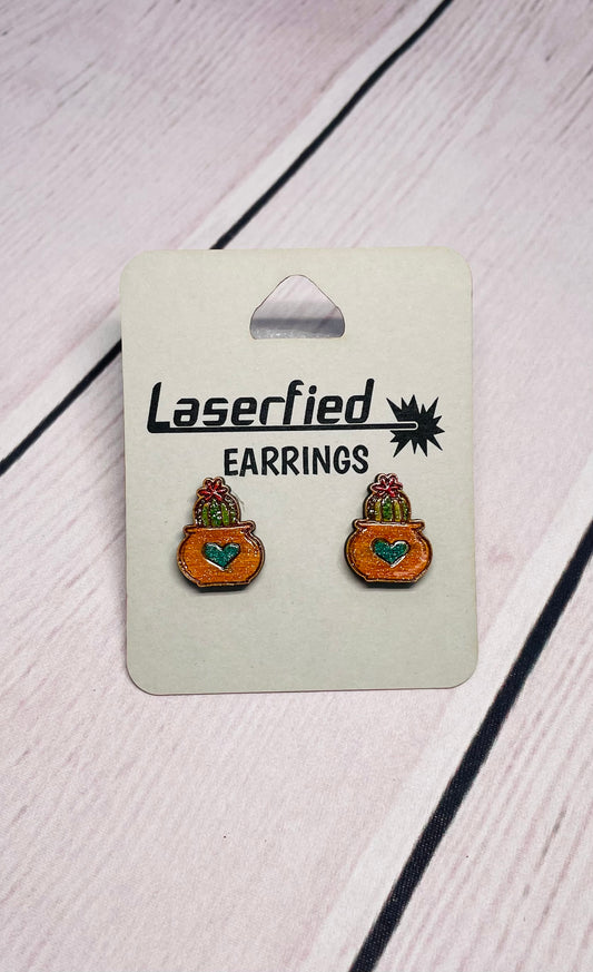 Wood Stud Cactus Earrings